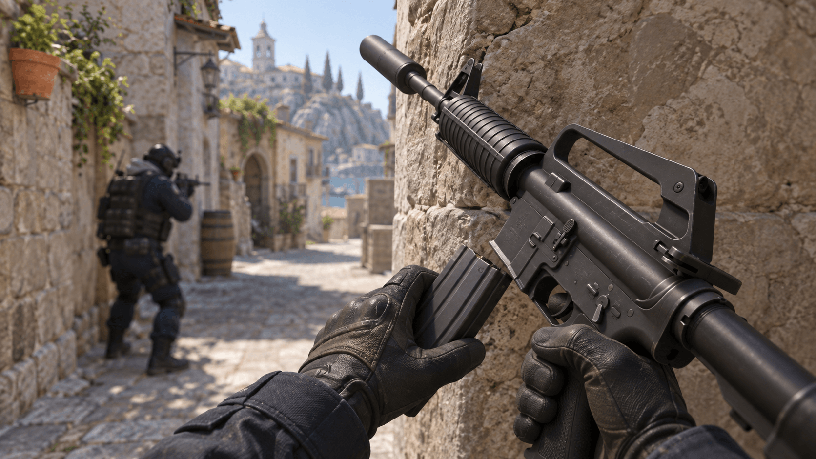 CS2 player reloading an M4A1-S behind cover